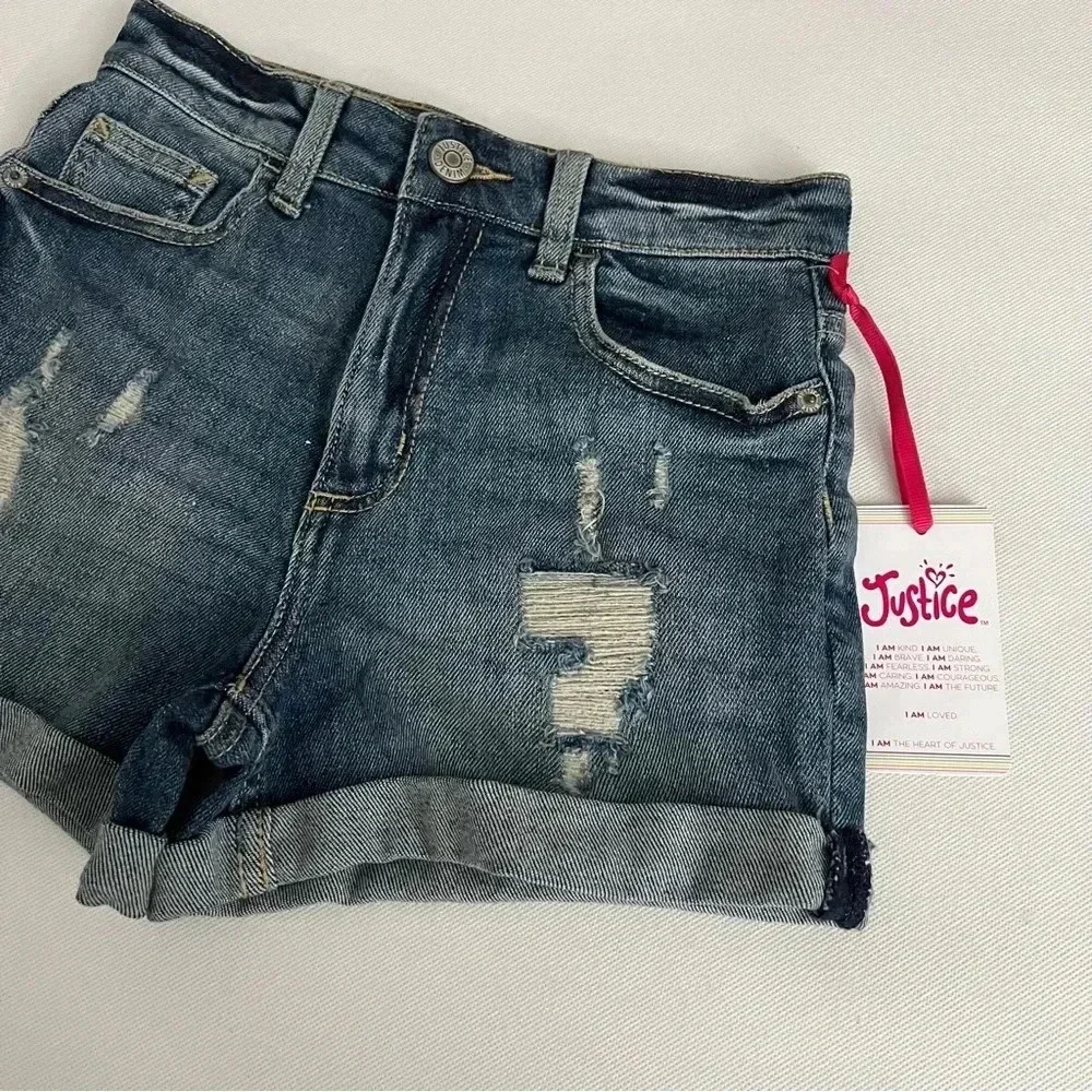 Justice Girls Mini Mom Destroyed Blue Denim Shorts Size 12 Cuffed Hem Pockets